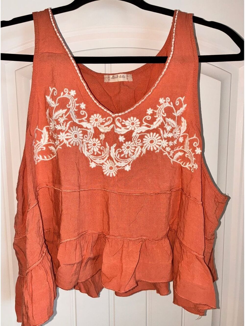 Allard State Women's Orange Sleeveless Embroidered Peplum Top Size L